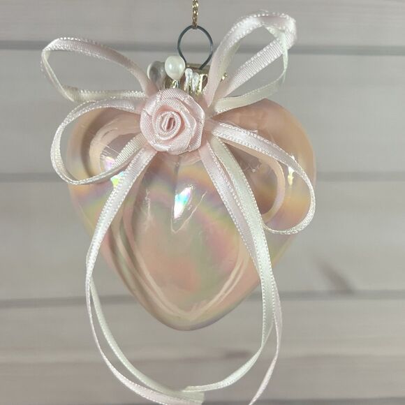 VTG Glass Heart Shaped Ornaments Lot of 3 Pink Iridescent Floral Bow Christmas - Picture 9 of 10